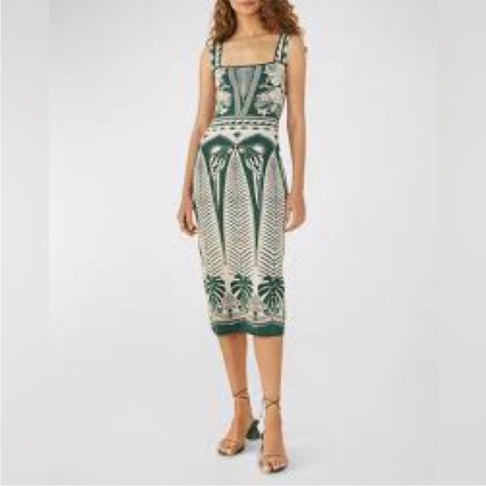 🦜FARM Rio Macaw Elegance Green & Cream Botanical Knit Bodycon Midi Dress - Picture 4 of 8